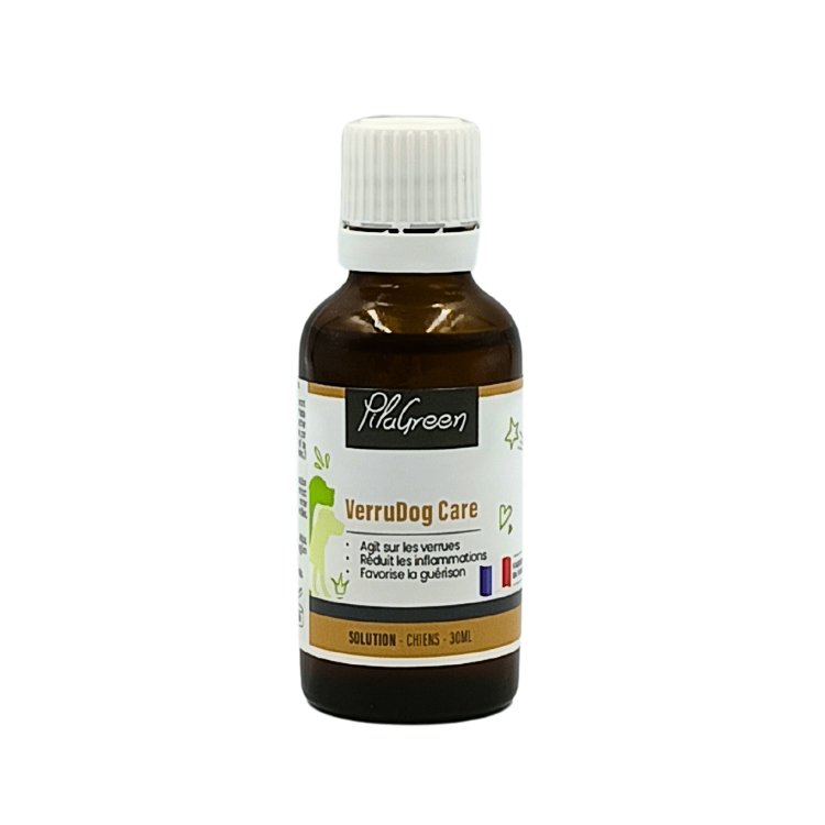 Flacon de 30ml de VerruDog Care de Pilagreen, soin naturel pour traiter les verrues chez les chiens.