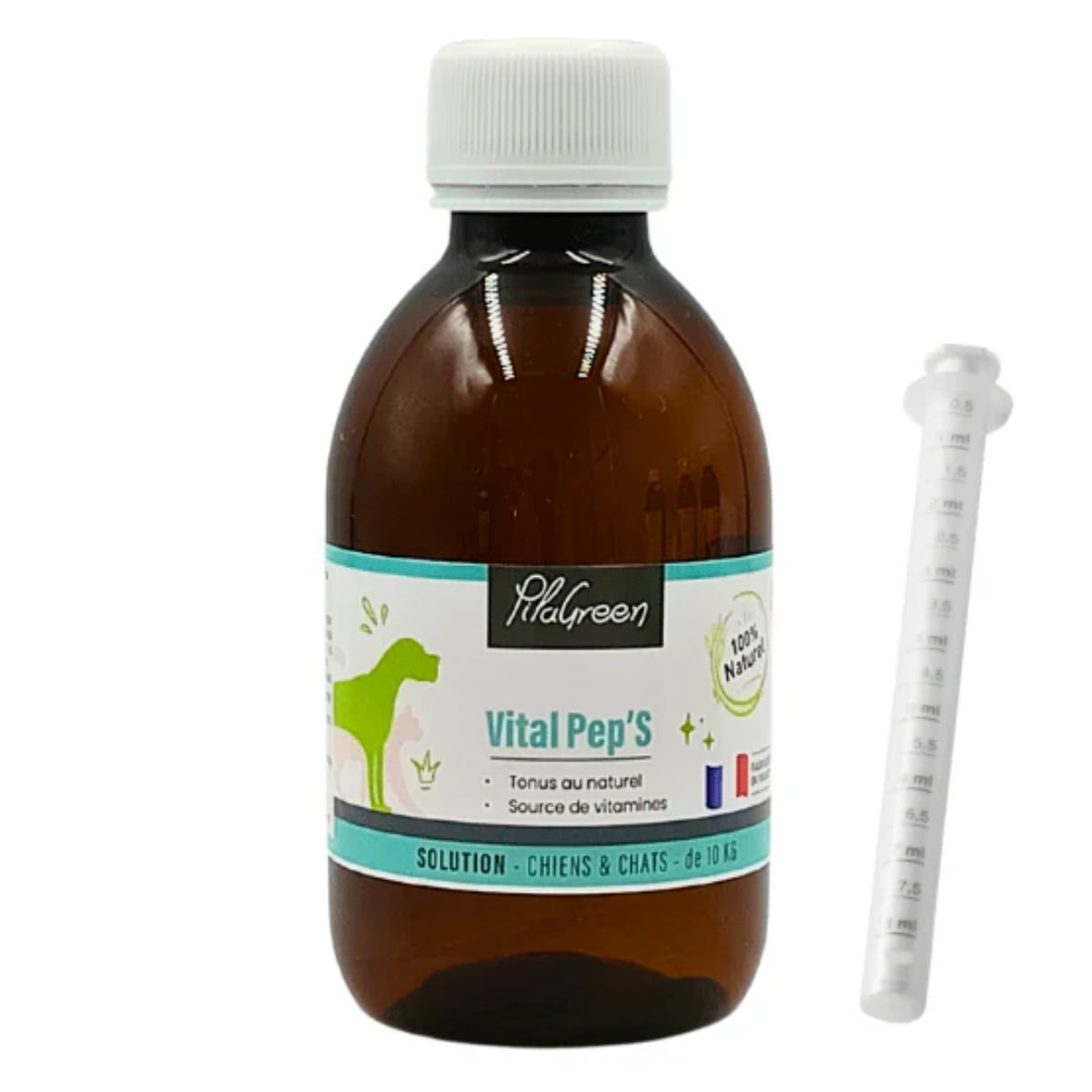 Flacon de 200ml de Vital Pep's de Pilagreen, complément naturel pour améliorer la vitalité et le tonus des chiens et chats.