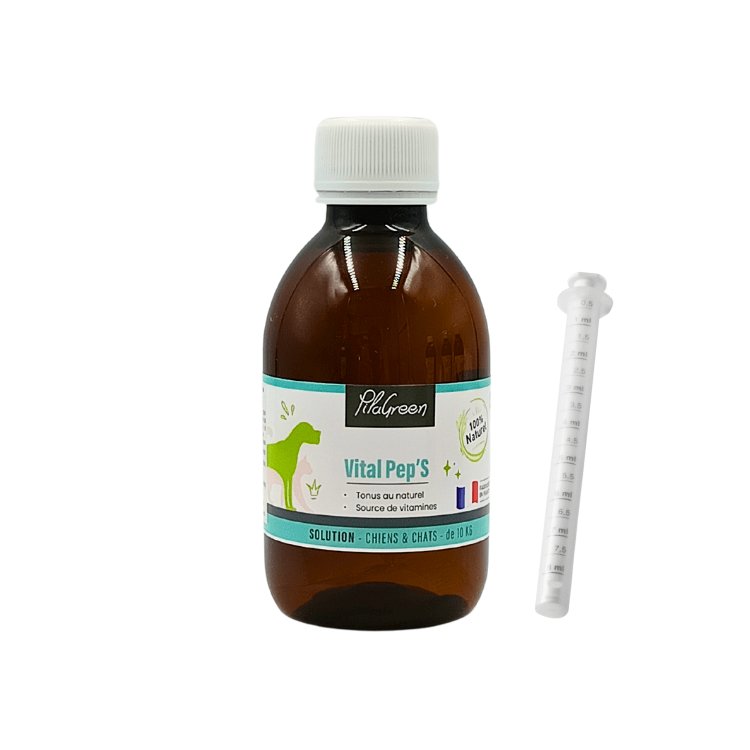 Flacon de 200ml de Vital Pep's de Pilagreen, complément naturel pour améliorer la vitalité et le tonus des chiens et chats.