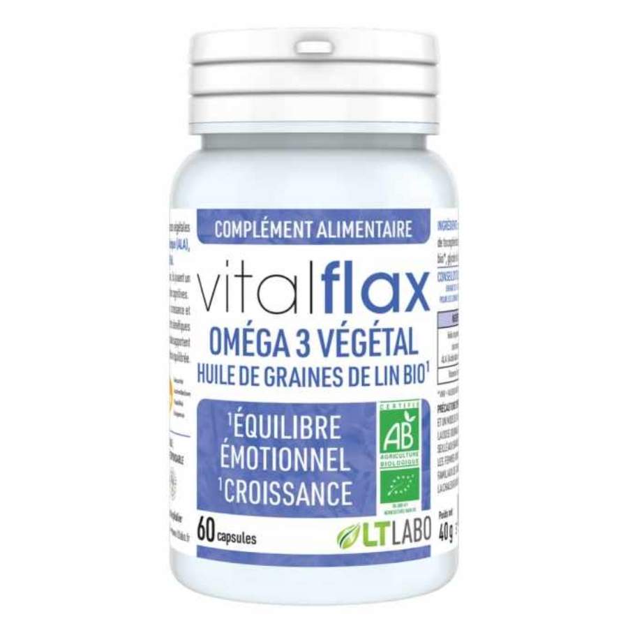 Une boite de Vital flax bio Oméga 3 Végétal à base d'huile de graines de lin bio de la marque LT LABO