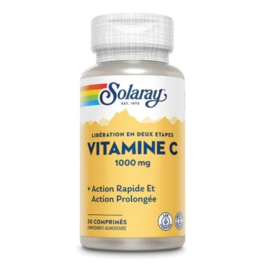 Un flacon de vitamine C 1000 mg, 30 comprimés, de la marque Solaray