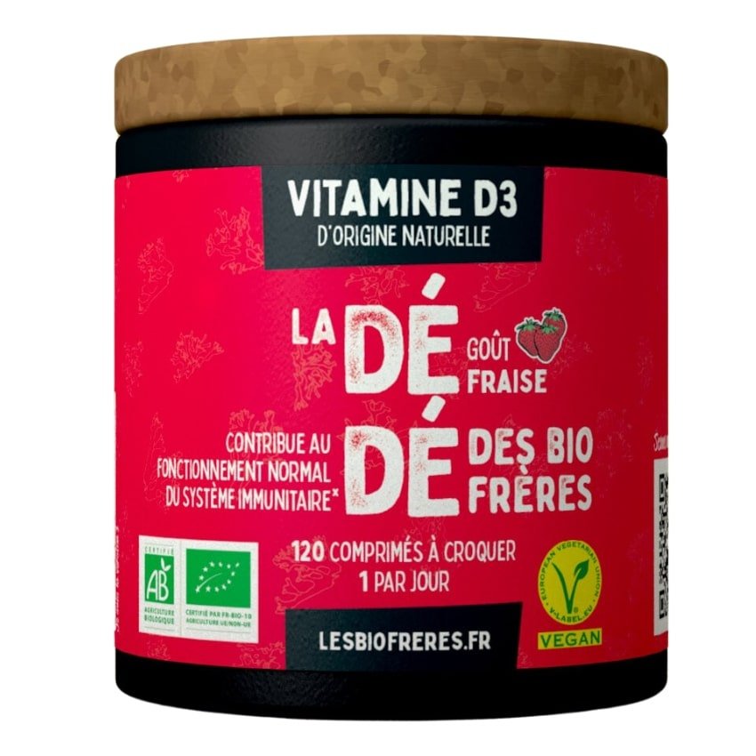 Une boite de 120 comprimés de Dédé , la Vitamine D3 Bio, goût fraise, des Bio Frères