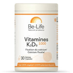 Une boite de complément de Vitamines K2 et D3 1000 de 30 gélules de la marque Be-Life.