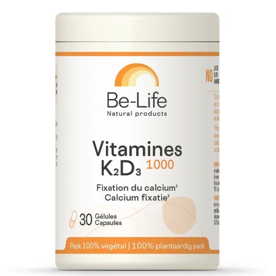 Une boite de complément de Vitamines K2 et D3 1000 de 30 gélules de la marque Be-Life.