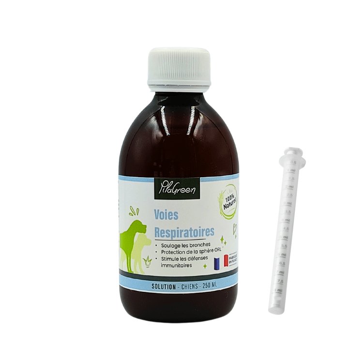 Flacon de 250ml de Voies Respiratoires de Pilagreen, complément naturel pour améliorer la respiration et apaiser les inflammations chez les chiens et chats.